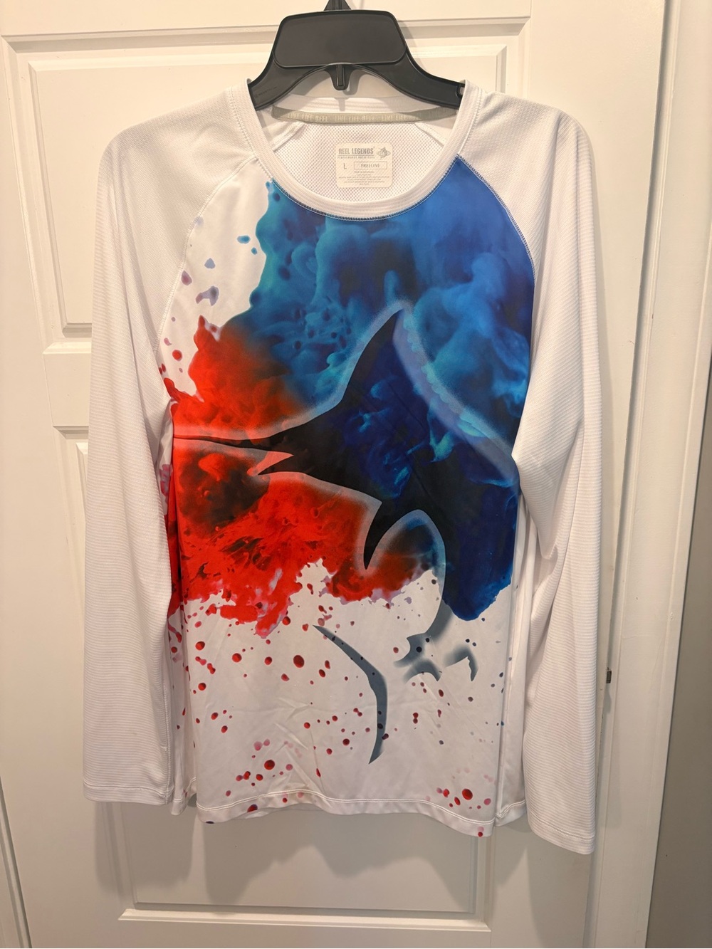 Reel Legends Shark Graphic Long Sleeve Tee - White with Red & Blue Splash